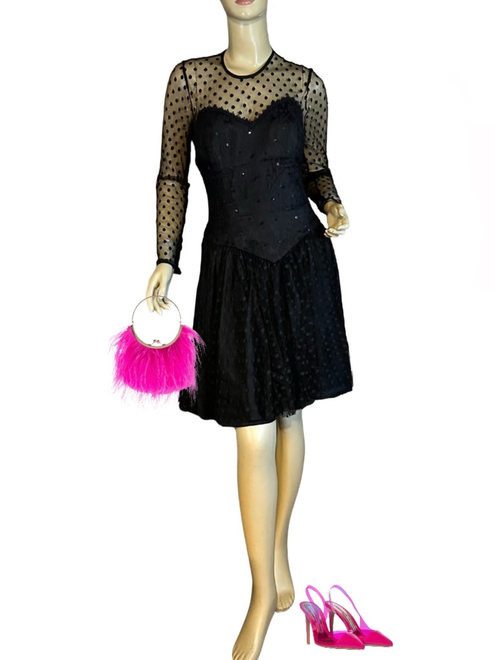 VINTAGE 1980'S  I. MAGNIN BLACK LACE & SWISS DOT W/SEQUINS COCKTAIL DRESS (12)